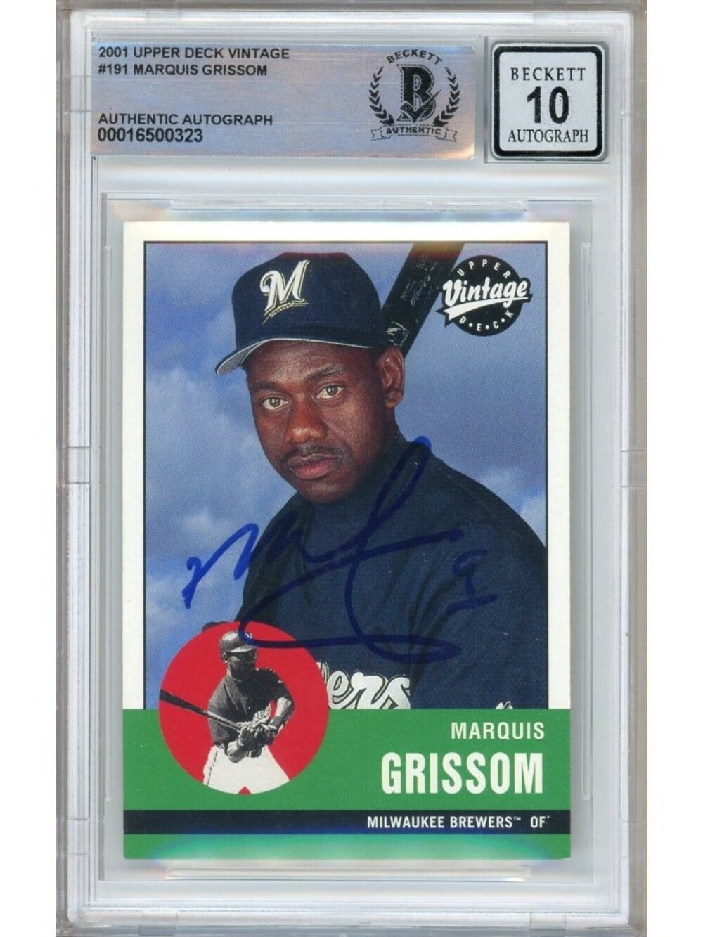 Marquis Grissom Signed 2001 Upper Deck Vintage #191 Brewers BAS Slab BGS Auto 10
